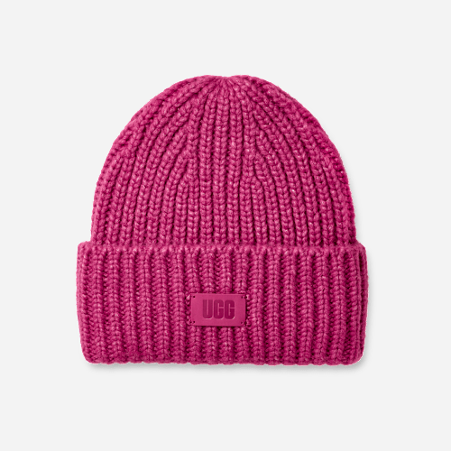 UGG Chunky Rib Beanie for Kids in Chroma Pink, Size OS, Knit/Leather/Wool