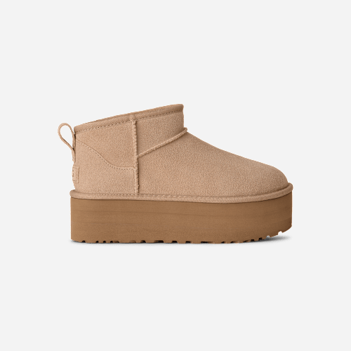 UGG Classic Ultra Mini Platform for Women in Tan, Size 4, Suede/Polyester/Wool