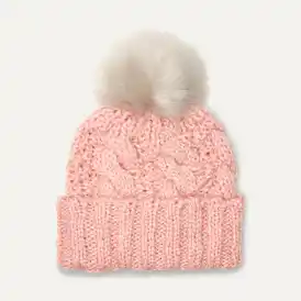 Women's Knit Cable Beanie Faux Fur Pom - Main Image