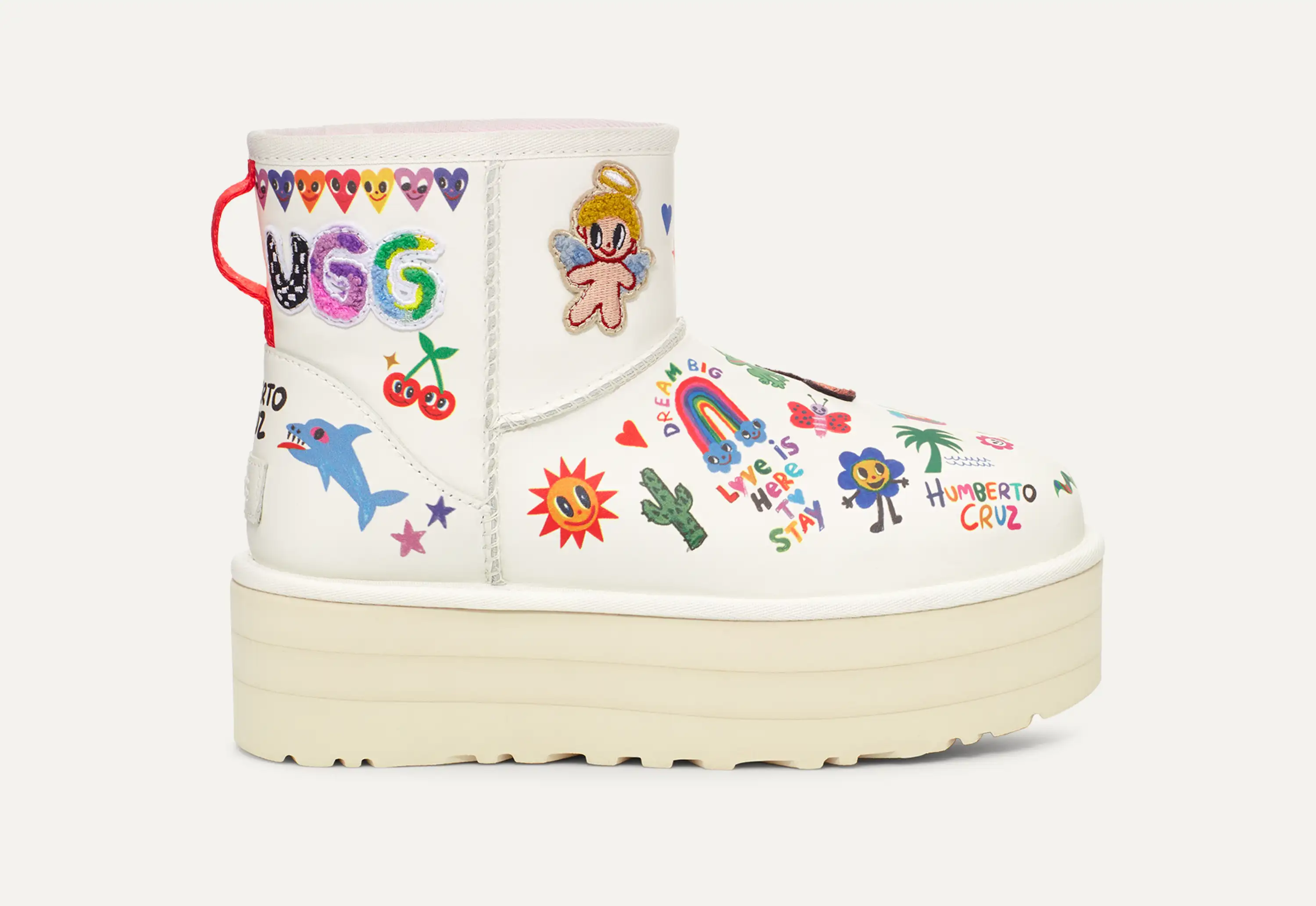 UGG CLASSIC MINI PLATFORM POP SKETCH WHITE SHEARLING BOOTS