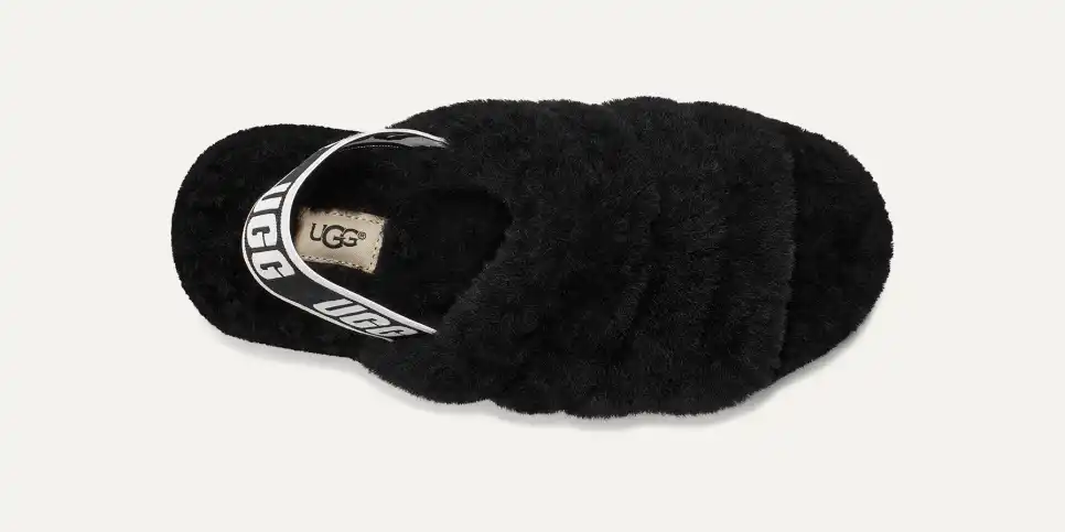 Ugg Girls Oh Yeah Black Faux Fur Open Toe Slip On Slides